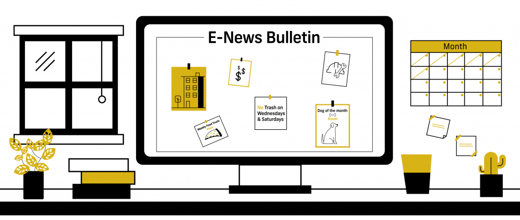 E-News Bulletin on computer screen on top of a desk