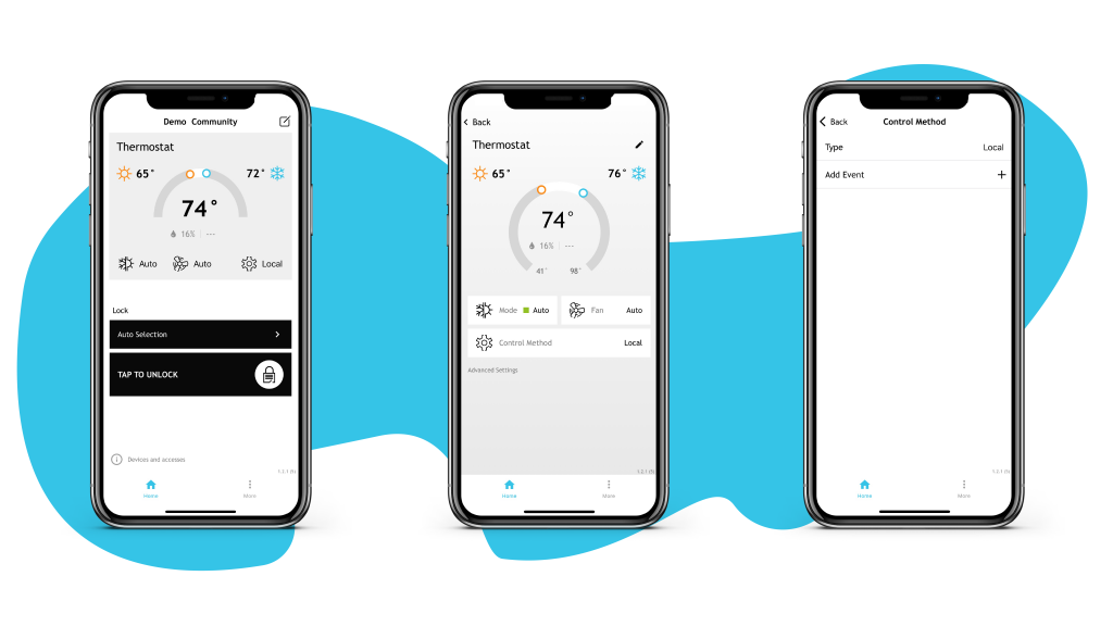 A photograph of three smart phones showing the Quext IoT interface.