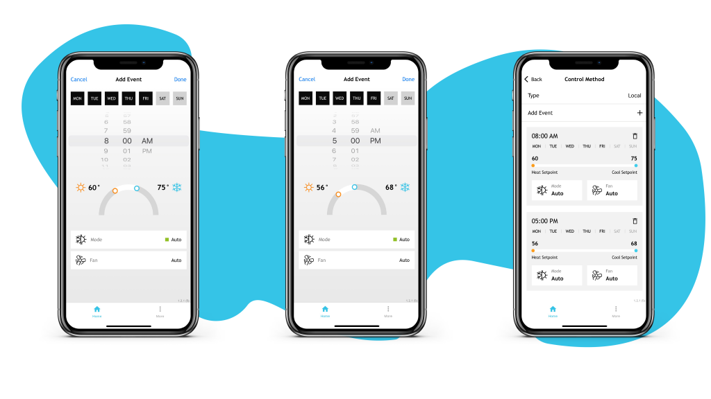 Three smart phones showing Quext IoT's interface around setting a thermostat schedule.