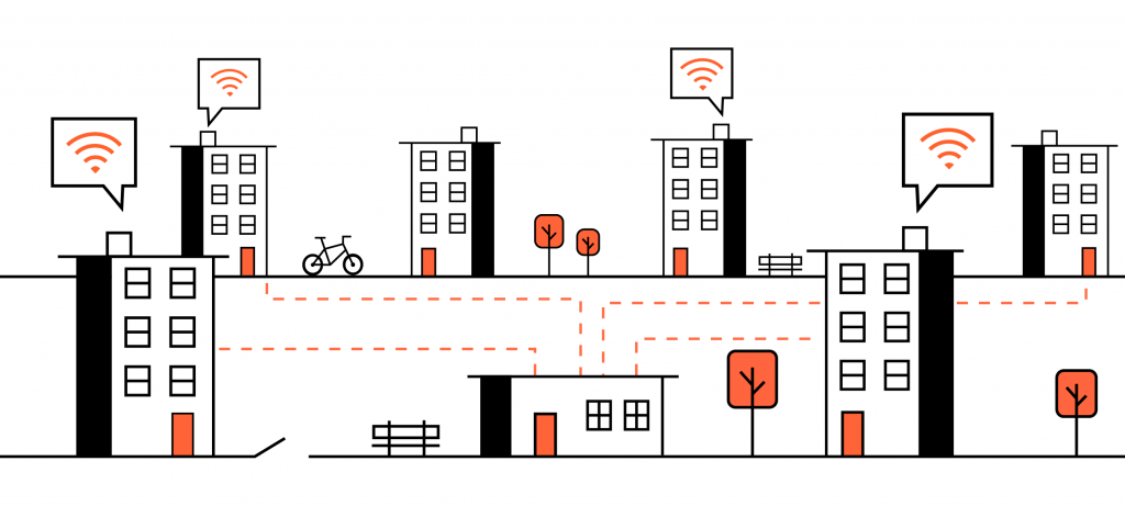 A collection of apartment buildings signifying the growth of multifamily properties, correlating with the advancement of Wi-Fi technology