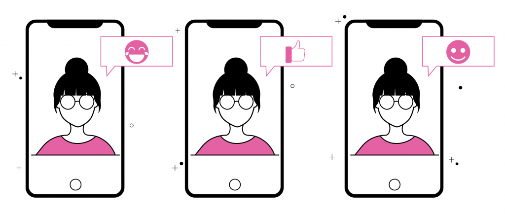 Three phone screens showing a digital human and text icons with a laughing emoji, thumbs up emoji, and a smiley emoji.