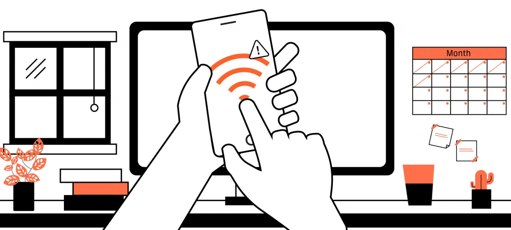 A smart phone user receiving an alert that there is no internet connection.