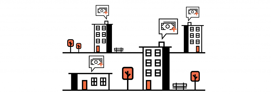 An illustration of a multifamily property showing cash flow in a text box above each one.