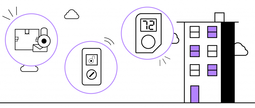 A multifamily community with IoT solution icons.