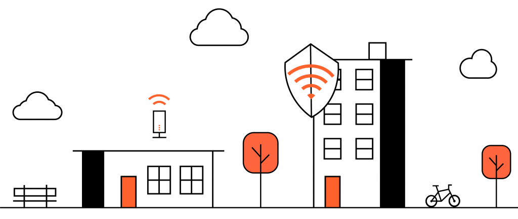 Two apartment buildings being shown with different types of WiFi signals.