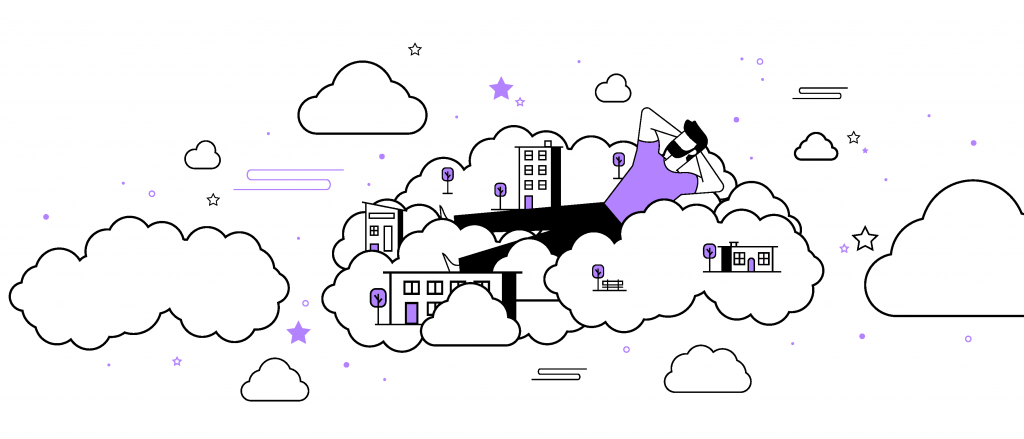 An illustration of a man in laying on a bed of clouds that show multifamily properties in them. 