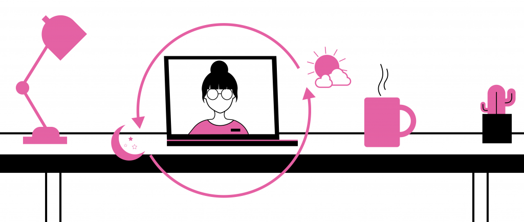 An illustration showing a Digital Human on a laptop screen around the clock