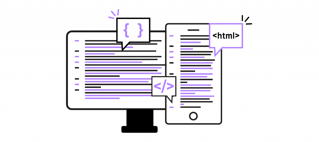 A smart phone and a desktop monitor showing snippets of code.