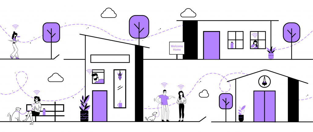 An illustration multifamily community and its members mingling.