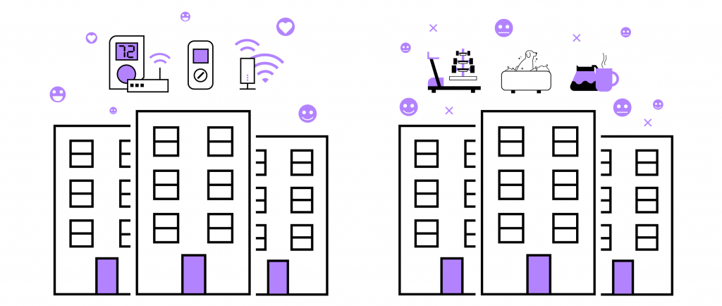 Two apartment buildings, one showing traditional amenities, and the other showing smart technology.