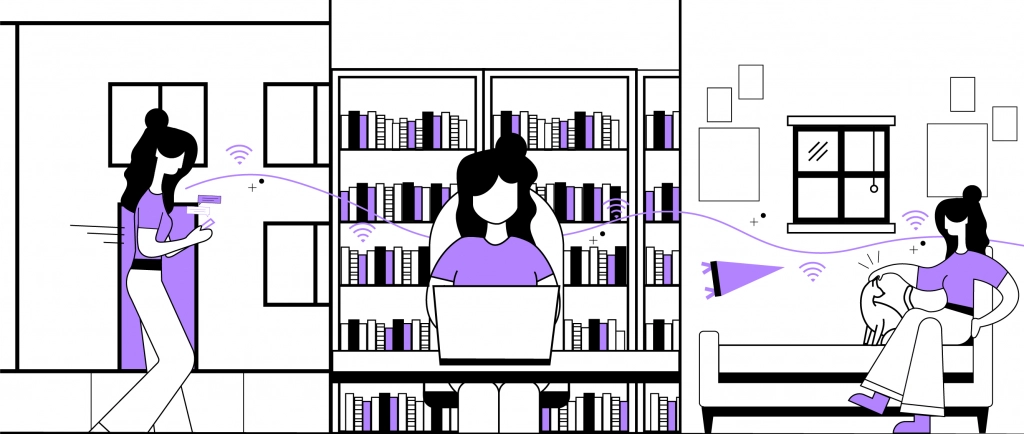 An illustration of a student walking outdoors, studying in the library, and sitting on a couch in a student housing unit.