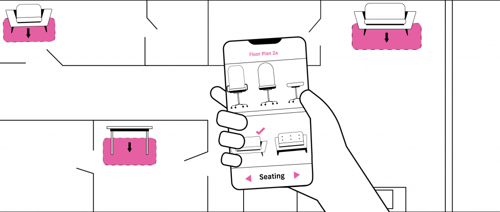 A user going through floor plan furniture options on a smart phone.