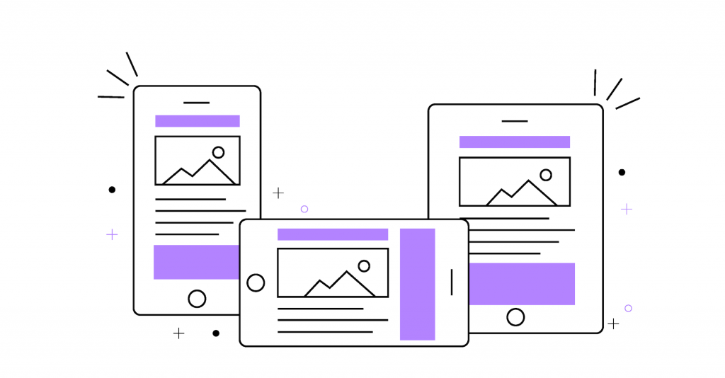 Website interface shown with different orientations on three different smart phones.