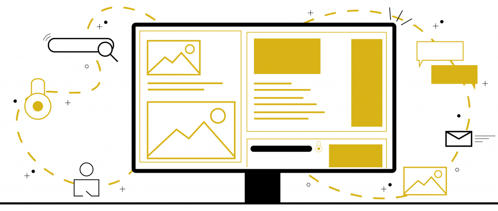 An illustration of a monitor showing a web design interface.