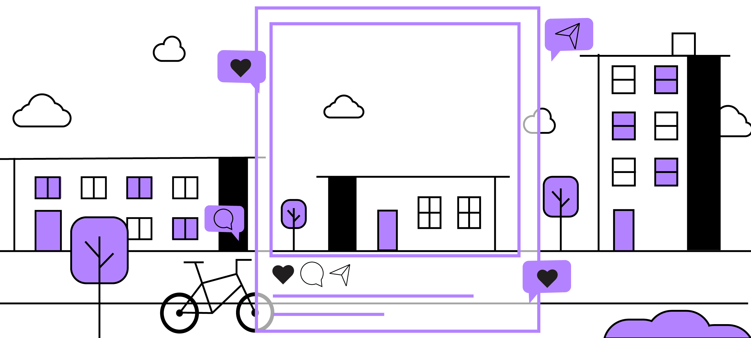 An illustration of a social media screen highlighting an apartment building in a multifamily community. 