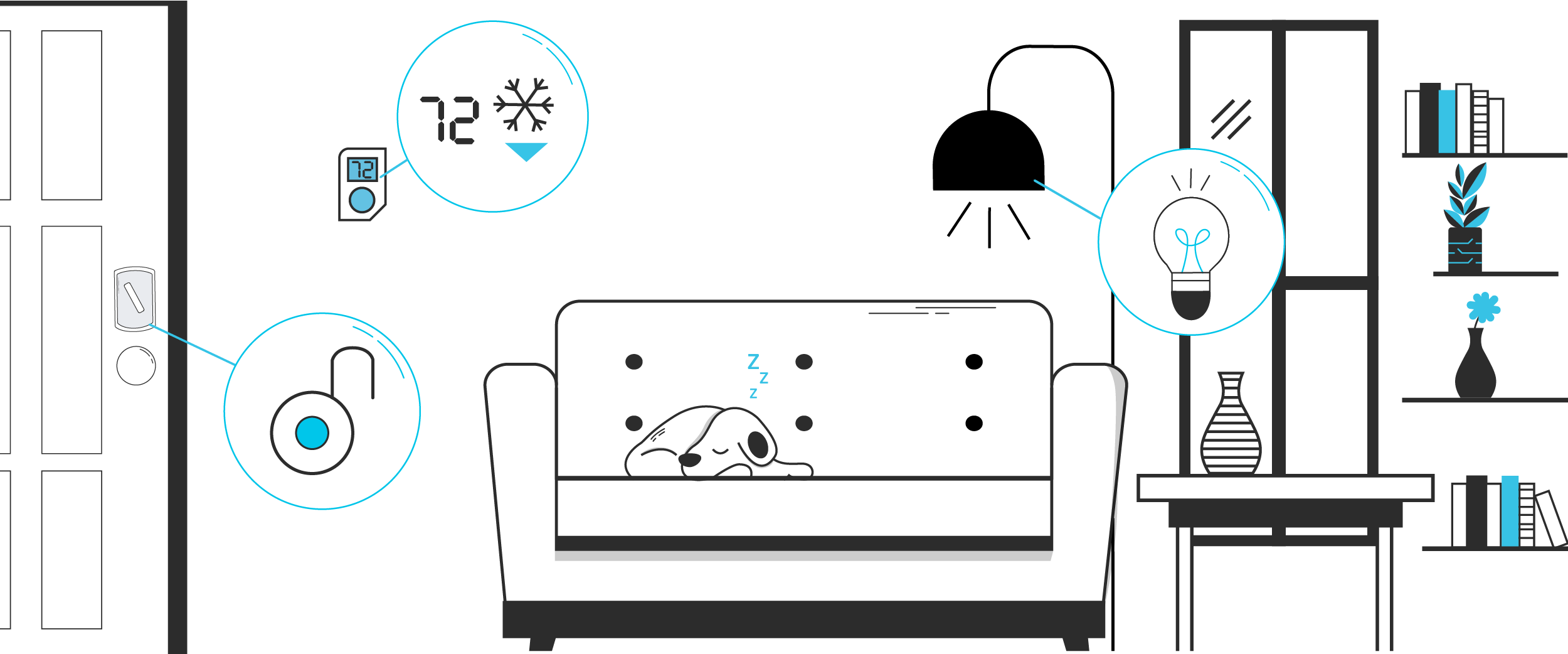 A dog on a couch in an apartment that is integrated with a smart home platform.