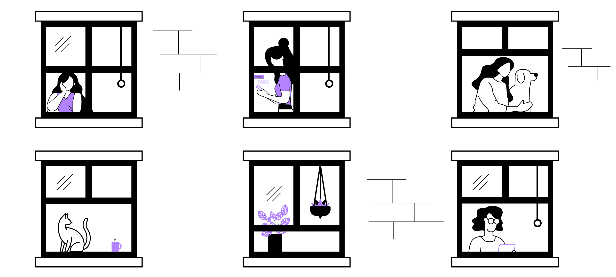 An illustration of residents peeking out of their apartment windows.