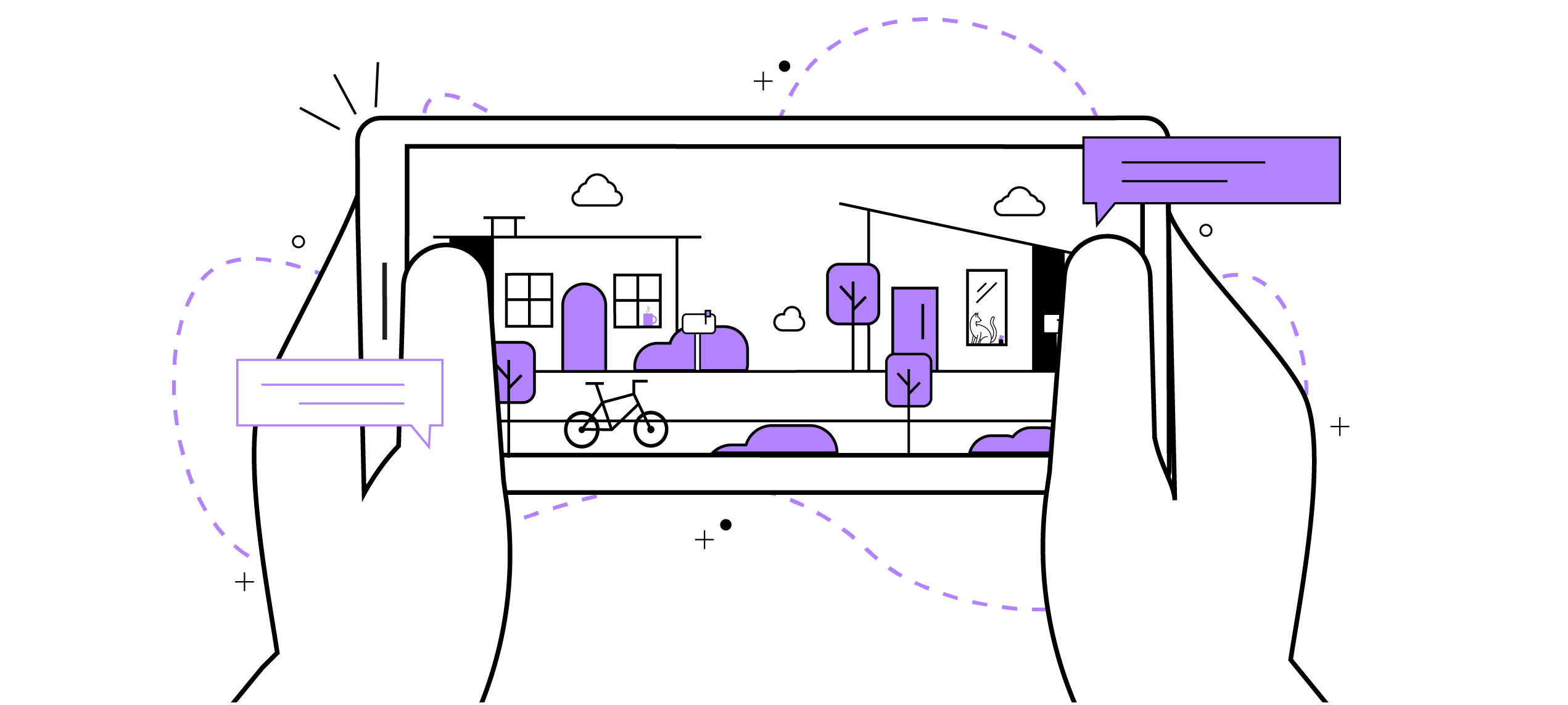 An illustration of a user viewing an outdoor common area on a horizontal smart phone.