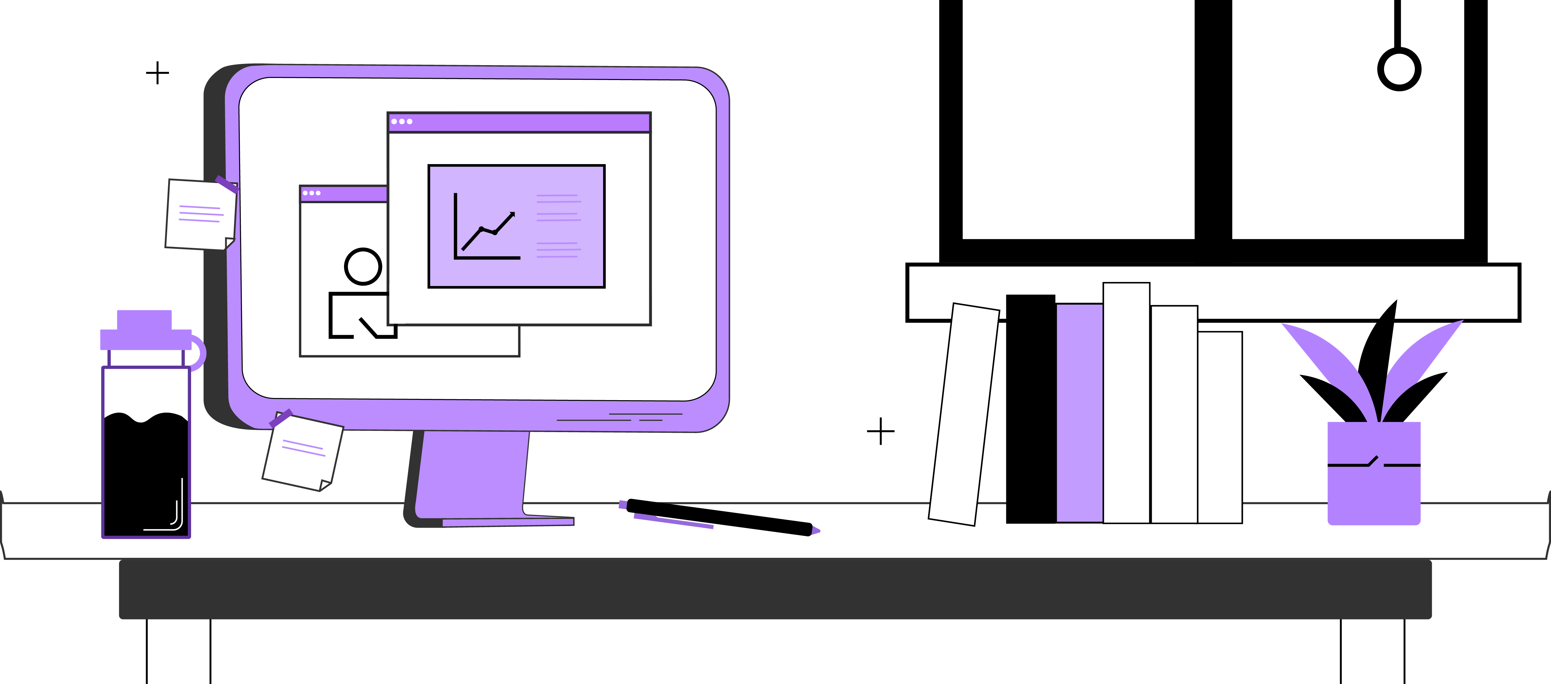 An illustration of a desktop monitor on a desk with a property management interface on the screen.