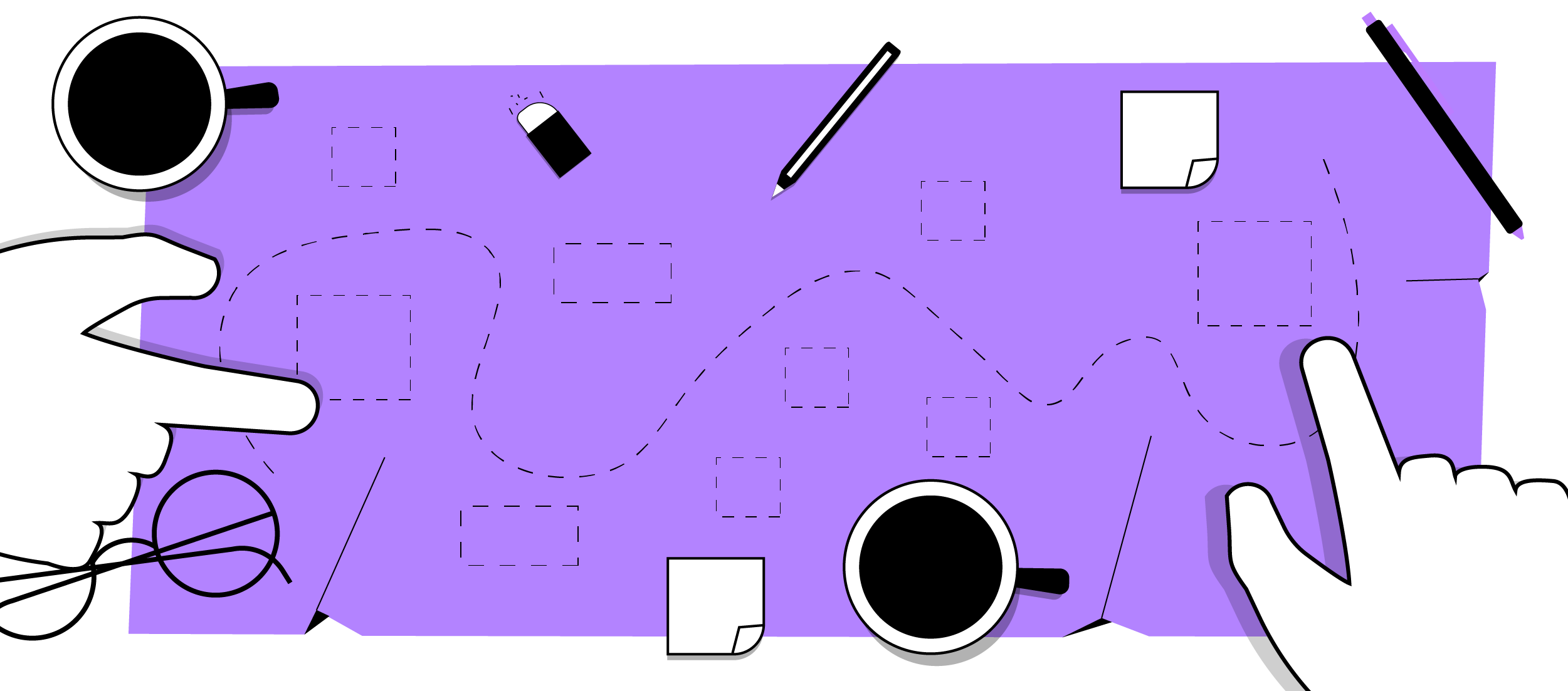 An illustration of employee's hands collaborating on a conceptual drawing board.