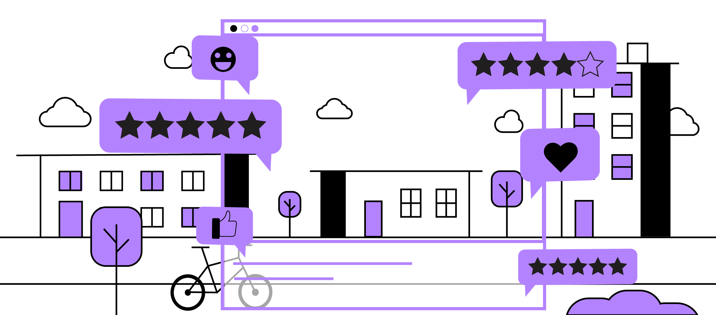 A visual of a multifamily property surrounded by ratings and affirmative icons