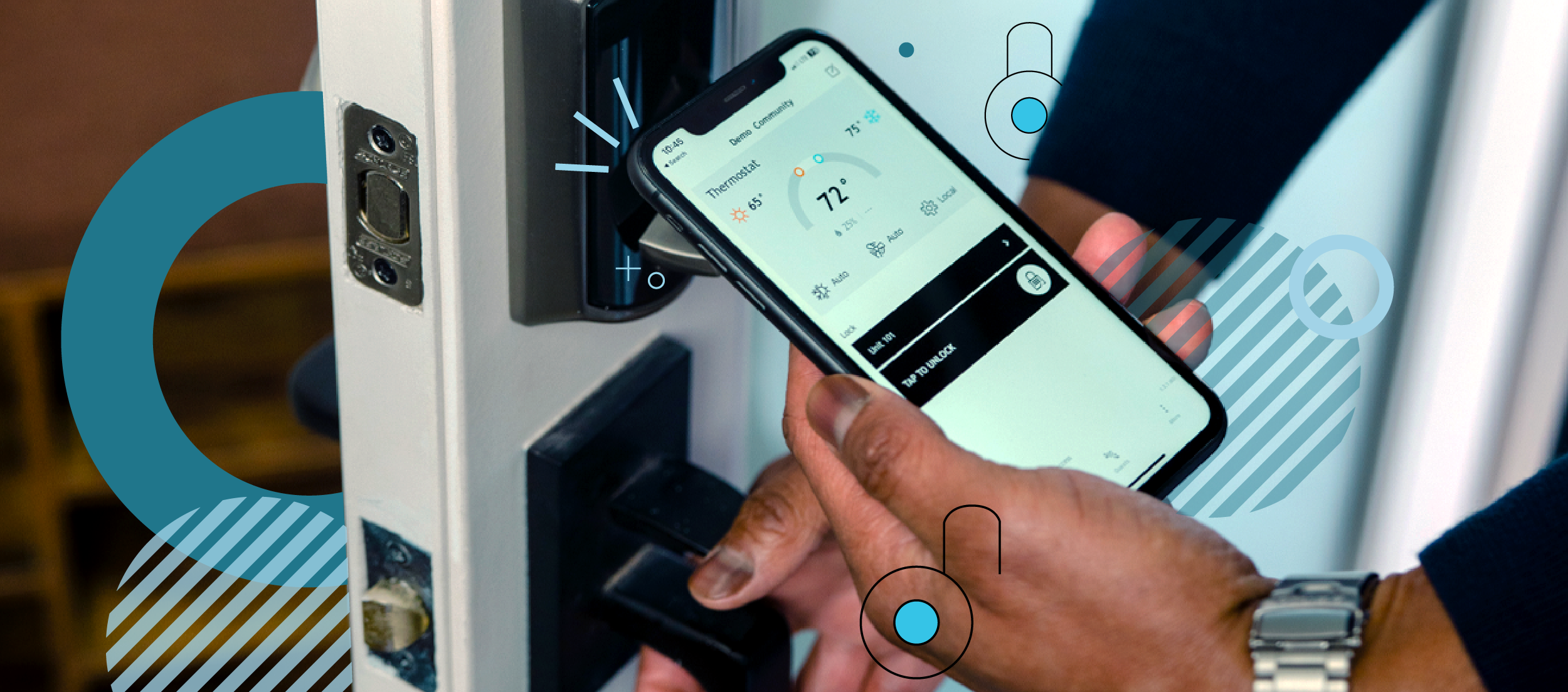 A resident using their smart phone to unlock their door with the Quext IoT app.