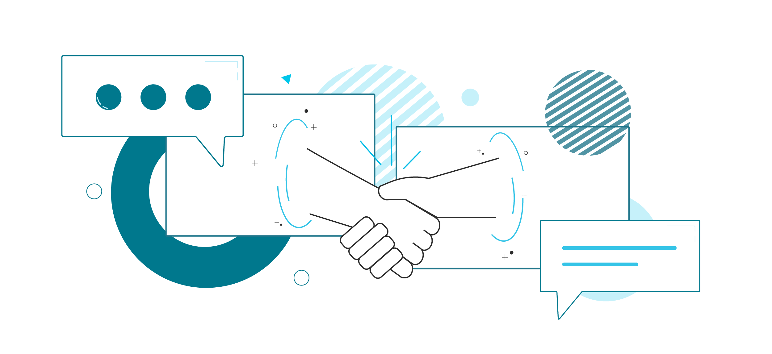 A handshake between business partners through smart technology.