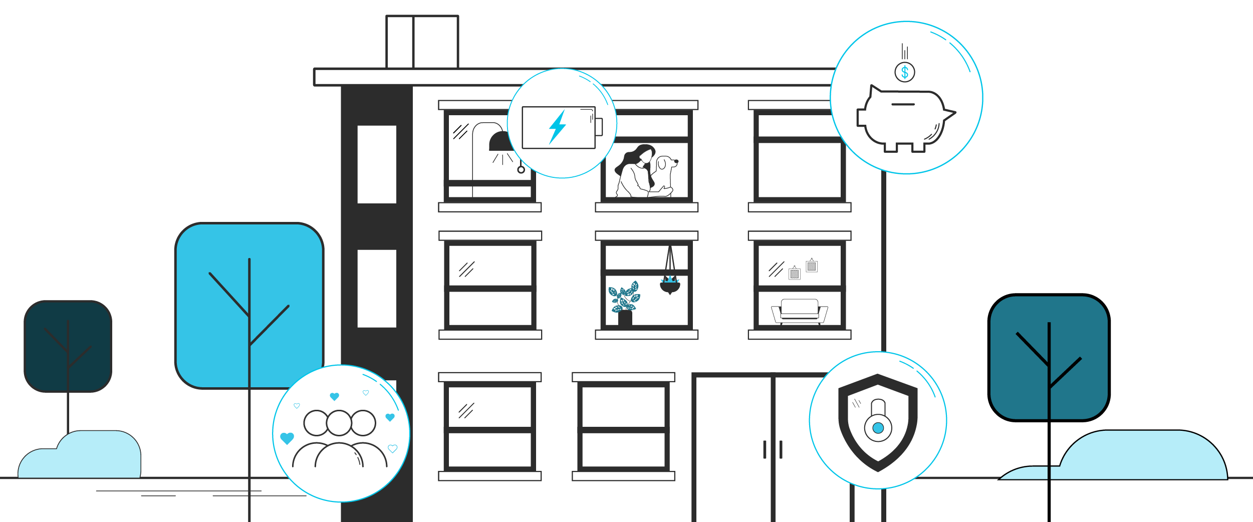 A building connected by different devices, making it a smart building.