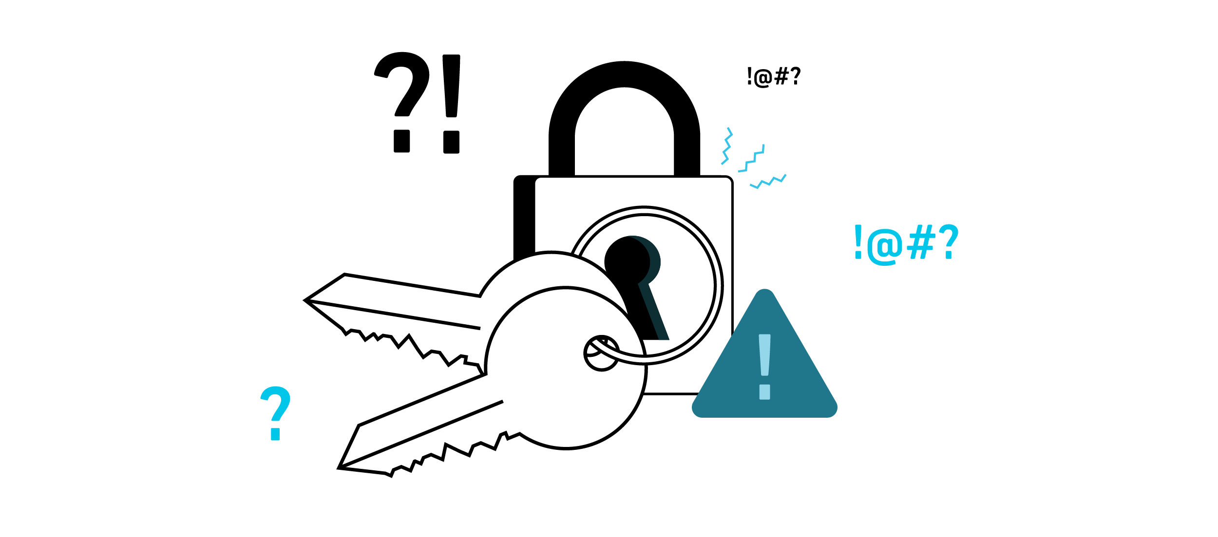 An illustration of a lock and key surrounded by question marks and exclamation points, indicating frustration with typical keys as opposed to door smart locks.