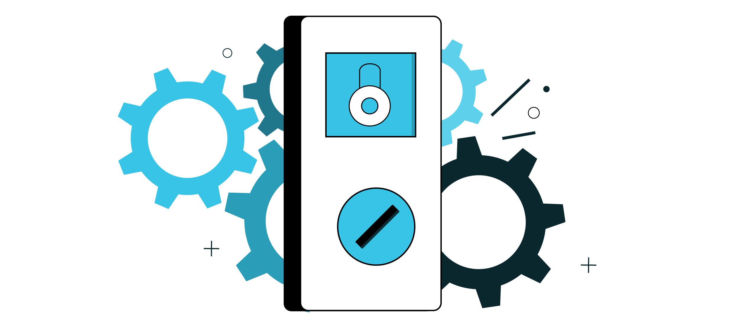  An illustration of a door smart lock against a background of gears.