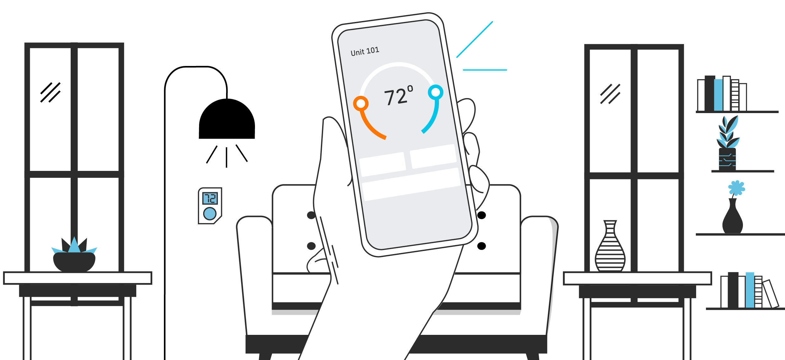 A resident using the Quext IoT mobile app to control their smart thermostat in their apartment unit.