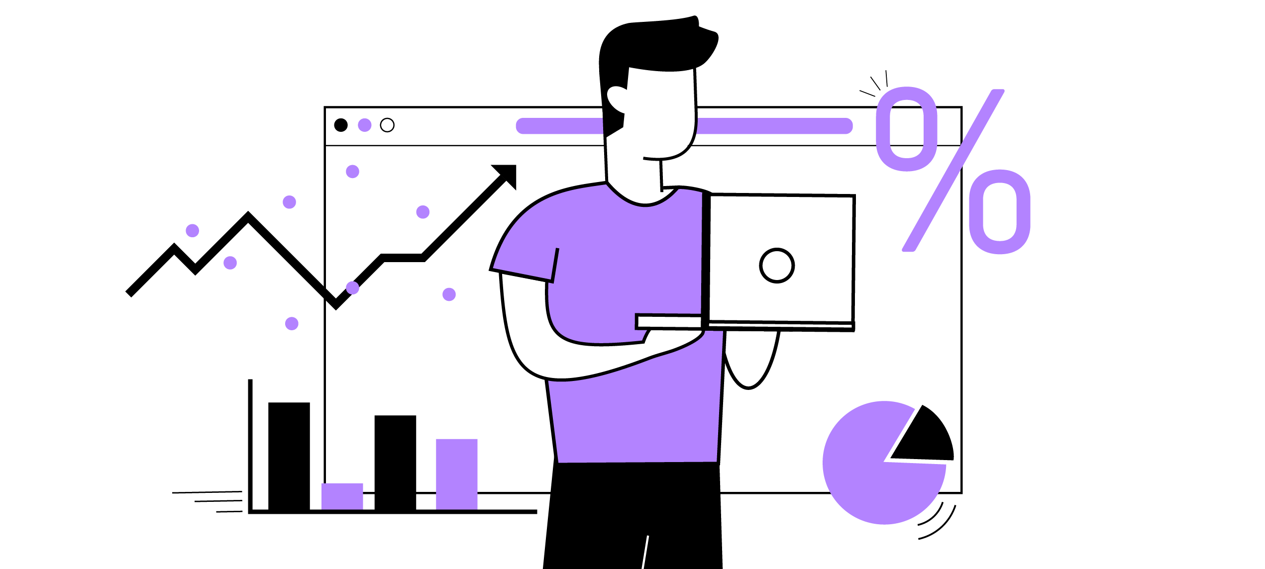 An illustration of a man holding a laptop in front of a background of various data sets.