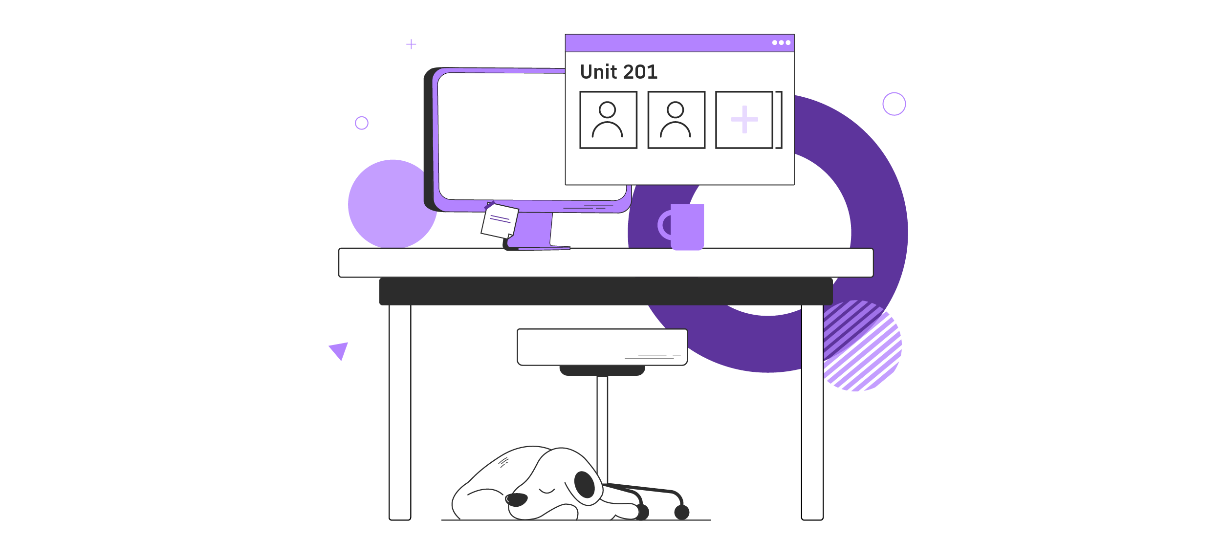 An illustration of a desk with a monitor showing a property management software interface