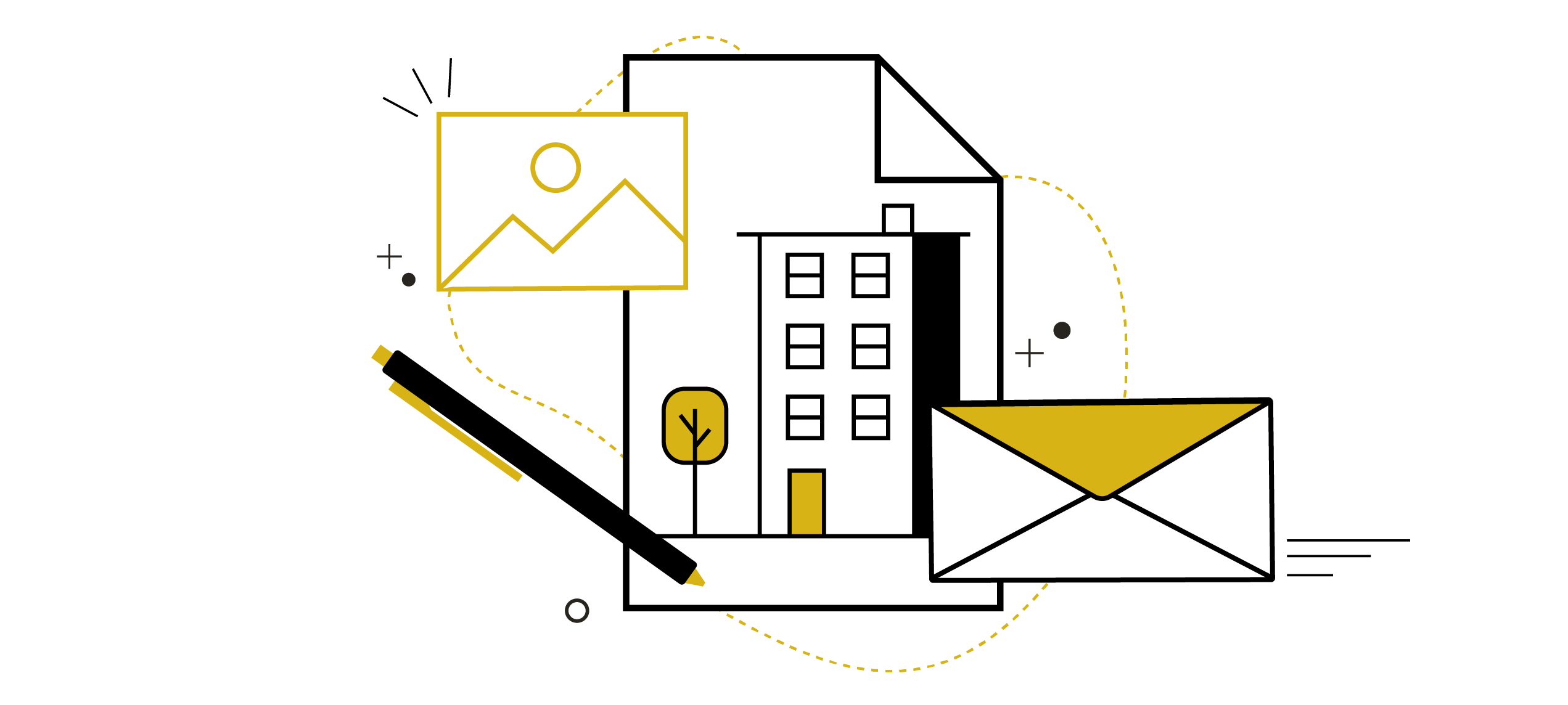 An illustration of a website being built on a sheet of paper.