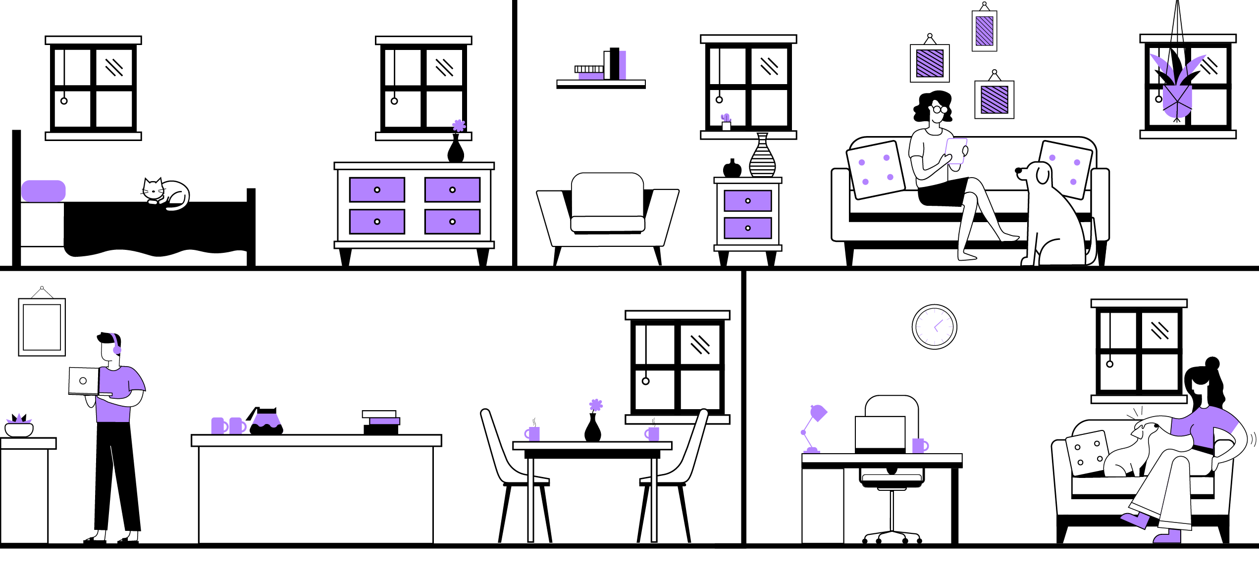 A split screen view of multiple residents in their respective units